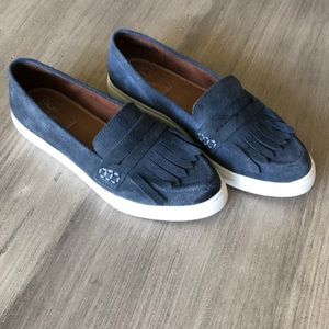 Blue suede loafers